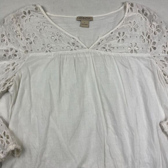 Lucky Brand White Eyelet Boho Blouse 3/4 Sleeve Festival Cottagecore Shirt Large - Picture 3 of 10